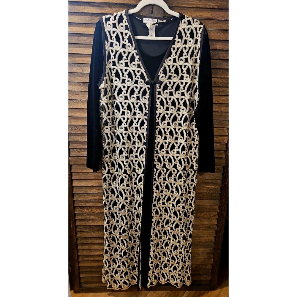 Vtg 2 Pc  Maxi Duster/Velvet Dress Set Dramatic Black Gold Soutache #870